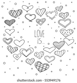 Vector hand drawn lettering card with hearts