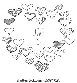 Vector hand drawn lettering card with hearts