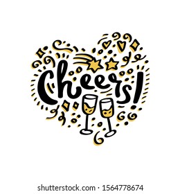 Vector hand drawn lettering. Cheers! Isolated yellow elements on a white background. Glass of champagne. Doodle illustrations. Stars. New year, holiday design, decor, card, invitation.