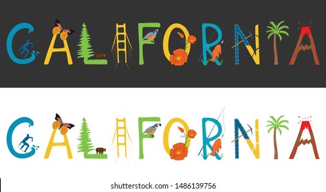 Vector hand drawn lettering composition of California and Californian symbols. T-shirt design. Palm, surfer, golden gate bridge, quail, golden poppy, bear, butterfly, redwood, garibaldi fish, gold.