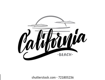 Vector hand drawn lettering composition of California Beach with sea sunset sketch.