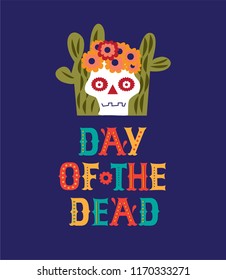 Vector hand drawn lettering Day of the Dead emblem, sign design. Day of the dead vector illustration set. Skull in a wreath of flowers, cactuses. Vector illustration