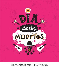 Vector hand drawn lettering Dia de los Muertos, Day of the Dead emblem, sign. Day of the dead vector illustration set. Skull in sombrero, flowers, guitars, maracas. For postcard, invitation