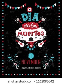 Vector hand drawn lettering Dia de los Muertos, Day of the Dead poster design. Day of the dead vector illustration set. Skull in sombrero, flowers, guitars, maracas. Vector illustration