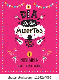 Vector hand drawn lettering Dia de los Muertos, Day of the Dead poster design. Day of the dead vector illustration set. Skull in sombrero, flowers, guitars, maracas