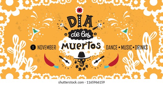 Vector hand drawn lettering Dia de los Muertos, Day of the Dead poster design. Day of the dead vector illustration set. Skull in sombrero, flowers, guitars, maracas