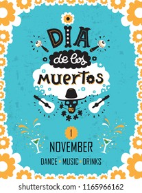 Vector hand drawn lettering Dia de los Muertos, Day of the Dead poster design. Day of the dead vector illustration set. Skull in sombrero, flowers, guitars, maracas