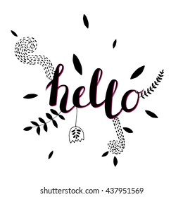 Vector Hand Drawn Lettering With Floral Elements. Calligraphy for banners, labels, signs, prints, posters, web.Hallo