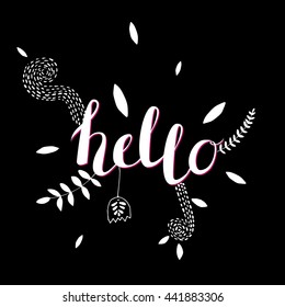 Vector Hand Drawn Lettering With Floral Elements. Calligraphy for banners, labels, signs, prints, posters, web.Hallo