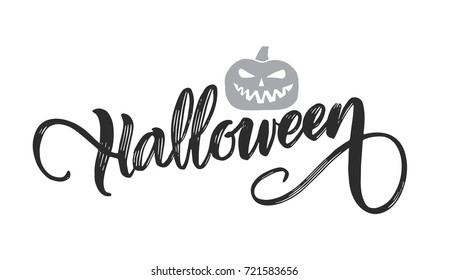 Vector Hand drawn lettering of  Halloween with pumpkin on white background