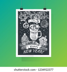 Vector Hand Drawn Lettering, Happy New Year Coffee. Festive beverage with title. Typography with cup of coffee, cookies, fir tree and feast decor. Engraved style vector artwork. Good for cafe, bar.