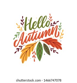 Vector hand drawn lettering happy fall with leafs for print, decor, textile. Welcome autumn banner.