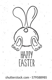 Vector hand drawn lettering. Happy easter. Rabbit. Illustration. Poster. Postcard.