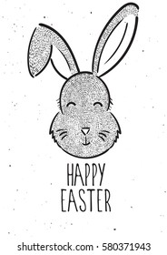 Vector hand drawn lettering. Happy easter. Rabbit. Illustration. Poster. Postcard.