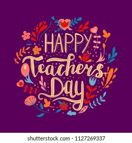 vector hand drawn lettering illustration with branches, swirls, flowers and quote - happy teachers day