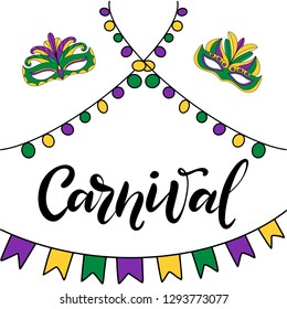 Vector hand drawn lettering illustration eps10 for Mardi gras carnival poster, brochure, logo, greeting card, party invitation with fat tuesday mask with feathers in purple, gold, yellow, green colors