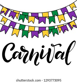 Vector hand drawn lettering illustration eps10 for Mardi gras carnival poster, brochure, logo, greeting card, party invitation with fat tuesday mask with feathers in purple, gold, yellow, green colors