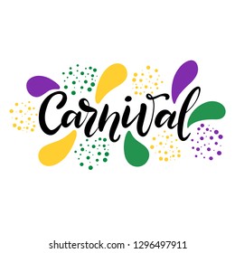 Vector hand drawn lettering illustration eps10 for Mardi gras carnival poster, brochure, logo, greeting card, party invitation with fat tuesday mask with feathers in purple, gold, yellow, green colors