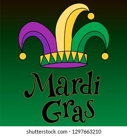 Vector hand drawn lettering illustration eps10 for Mardi gras carnival poster, brochure, logo, greeting card, party invitation with fat tuesday mask with feathers in purple, gold, yellow, green colors