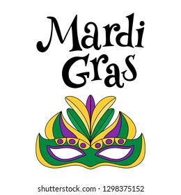 Vector hand drawn lettering illustration eps10 for Mardi gras carnival poster, brochure, logo, greeting card, party invitation with fat tuesday mask with feathers in purple, gold, yellow, green colors