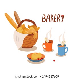 Vector hand drawn lettering and illustration of bakery products isolated on white background. Wicker basket full of fresh broad and croissants. Cute tea mugs with pieces of lemon. 