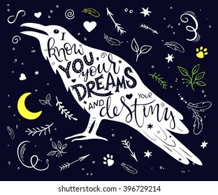 vector hand drawn lettering inscribed in raven silhouette surrounded with curly, swirly, arrow, feather shapes.