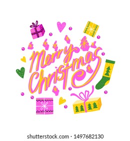 Vector hand drawn lettering “Merry Christmas” with letters on the pink background. With gift boxes, stockings and hearts. For postcards, posters, apparel, presents, invitations and greeting cards.