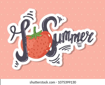 Vector hand drawn lettering I love summer. Strawberry as a heart. Design for a website, t-shirt, postcard