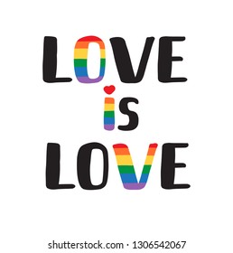 Vector hand drawn lettering love is love lgbt rainbow slogan isolated on white background 