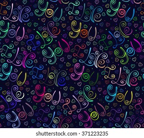 Vector hand drawn lettering I Love You, colorful doodle Valentine Day seamless pattern, bright romantic background for design