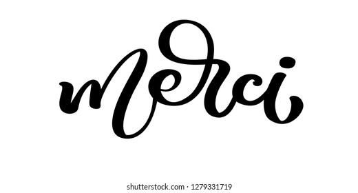 Vector hand drawn lettering Merci. Elegant modern handwritten calligraphy with thankful quote on French. Thank you Ink illustration. Typography poster on white background. For cards, invitations