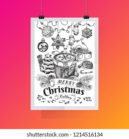 Vector Hand Drawn Lettering, Merry Christmas Coffee. Festive beverage with title. Typography with cup of coffee, cookies, fir tree and feast decor. Engraved style vector artwork. Good for cafe, bar.