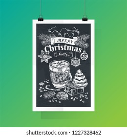 Vector Hand Drawn Lettering, Merry Christmas Coffee. Festive beverage with title. Typography with cup of coffee, cookies, fir tree and feast decor. Engraved style vector artwork. Good for cafe, bar.
