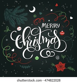 Vector hand drawn lettering - merry christmas - with doodle decorative elements - poinsettia flower, branch, serpentine and snowflake.