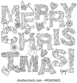 Vector hand drawn lettering Merry Christmas. Greeting Card design. Vector phrase and xmas wreath elements, toys, snowflakes, gingerbreads. Postcard or coloring adult anti stress book zen art style.