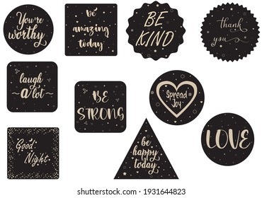 Vector hand drawn lettering with moon and stars. Gold handmade phrase on the dark background. Card, flayer, banner design.