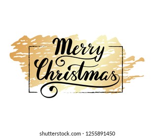 Vector hand drawn lettering phrase Merry Christmas for greeting card and party celebration. Merry Christmas illustration with elements for typography design postcard. Vector illustration.