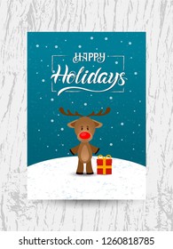 Vector hand drawn lettering phrase Happy Holidays for Christmas and New Year poster, gift tag and card. Happy holidays greeting card with cute deer. Vector illustration. 