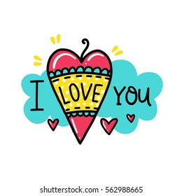 Vector hand drawn lettering poster. Creative typography card with phrase, hearts and decor elements. I love you. Romantic text, Valentine's day theme.