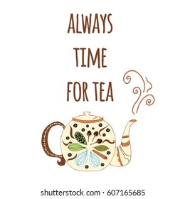 Vector hand drawn lettering poster with phrase 'With love' and teapot with hot tea on white for Tea Party
