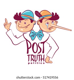 Vector hand drawn lettering of Post-truth politics. Cartoon illustration of the dual figure of truth-seekers and liar Pinocchio with a long nose