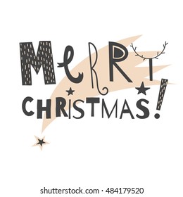 Vector hand drawn lettering sign Merry Christmas with star trace. Text design for greetings, card, invintations or postcards. Funny hand drawn font. Calligraphy collection.