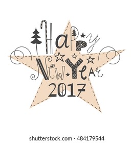 Vector hand drawn lettering sign Happy New Year 2017. Text design for greetings, card, invintations or postcards. Funny hand drawn font. Calligraphy collection.