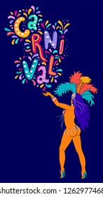 Vector Hand drawn Lettering text Carnival. Party, masquerade banner, poster, card, invitation. Happy Carnaval festive greeting card template with colorful party elements, confetti, brasil samba dancer
