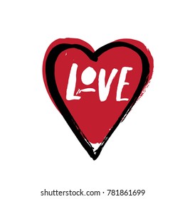 Vector hand drawn letters "love" with a big heart in the background for valentine's day. For the holiday printing season greetings.