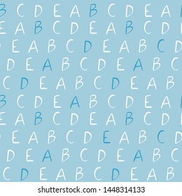 Vector hand drawn letters seamless pattern. Blue background with font characters for school design.