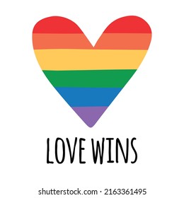 Vector hand drawn lgbt rainbow flag heart with love wins lettering isolated on white background