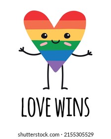 El corazón de la bandera arcoíris lgbtq dibujado a mano con la cara y el amor gana con letras aisladas en fondo blanco