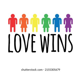 Bandera arco iris lgbtq dibujada a mano gente y el amor gana con letras aisladas en fondo blanco