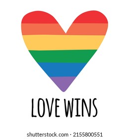 Vector hand drawn lgbtq rainbow flag heart and love wins lettering isolated on white background
